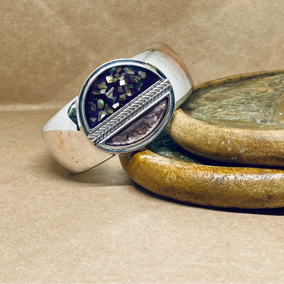 Onyx, Abalone & Jasper Inlay on Silver Plated Cuff Bracelet - Picture 4 of 8